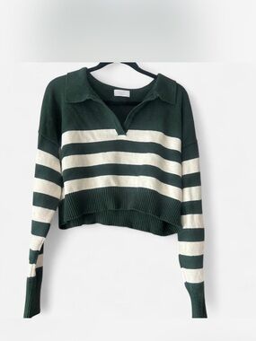 Isalis Striped Cropped Polo Sweater - Green & Cream